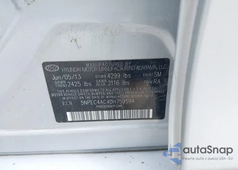 2013 Hyundai Sonata Se из США, поврежденный, VIN 5NPEC4AC4DH759594
